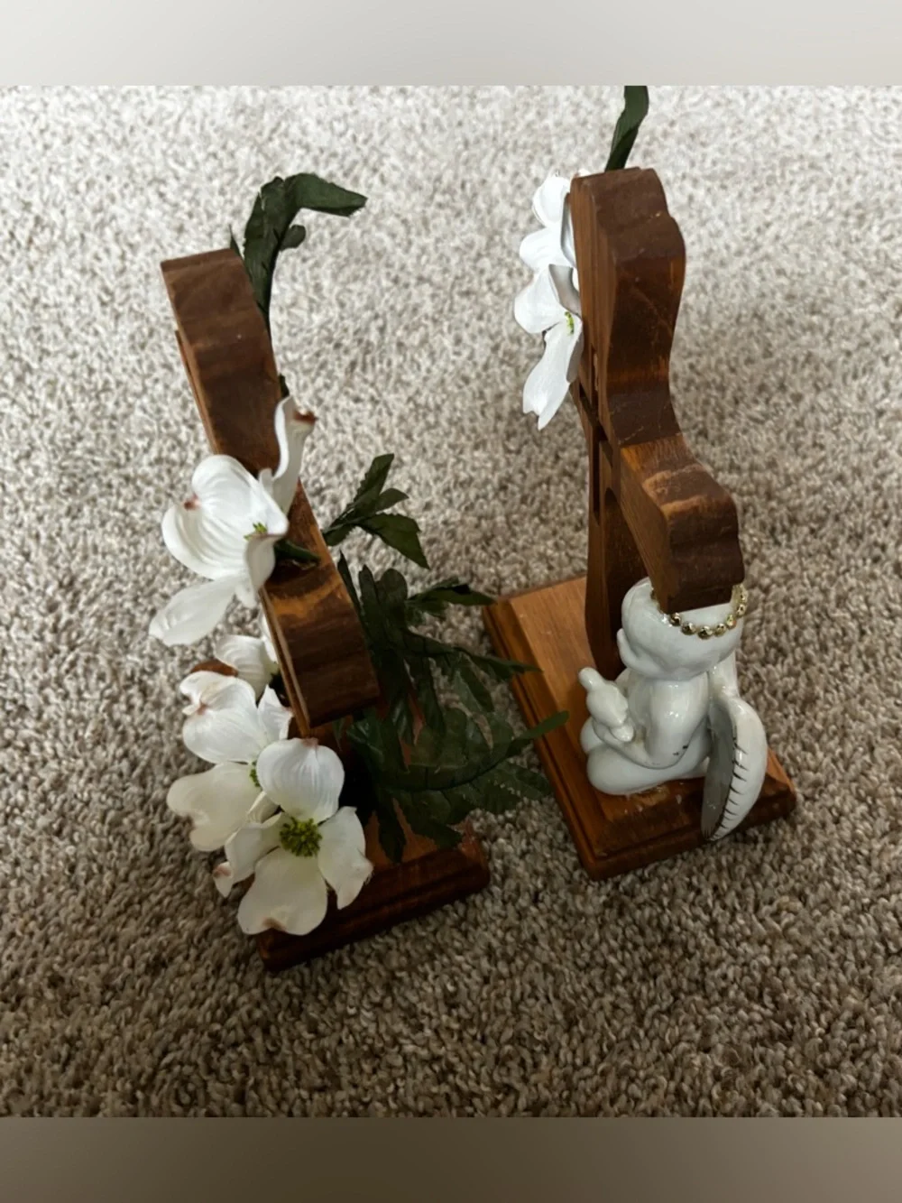 White Floral Dogwood Cross Home Accent - Wooden Base- handmade